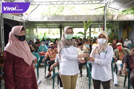 Amaliah Sobli S.KG MBA Anggota DPD RI Dapil Sumsel salurkan bantuan bibit buah-buahan pada petani Ogan Ilir. FOTO :VIRALSUMSEL.COM