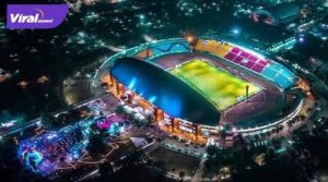 Stadion Gelora Sriwijaya Jakabaring Palembang malam hari diambil dari udara. FOTO :VIRALSUMSEL.COM