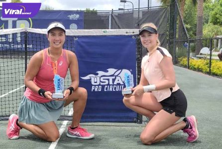 Petenis Aldila Sutjiadi bersama petenis asal Hungaria, Fani Stollar usai berhasil menjadi juara ganda putri turnamen ITF World Tennis Tour W60 yang digelar di Charleston, Amerika Serikat, Sabtu (26/6/2021). Foto : istimewa