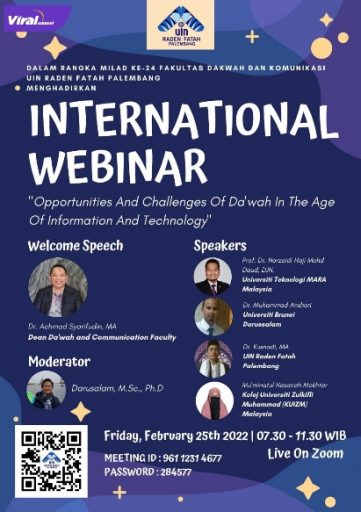 FDK UIN Raden Fatah Palembang menggelar internasional webinar "Opportunities Challenges of Dakwah in The Age of Information and Technology", Jumat (25/2/2022). Foto : viralsumsel.com/win