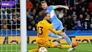 Kevin De Bruyne gelandang Manchester City cetak gol ke gawang Atletico Madrid, Rabu (6/4/2022). Foto : net