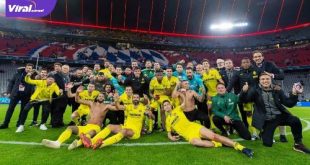 Para pemain Villarreal euforia setelah tahan imbang Bayern 1-1 pada leg kedua perempatfinal di Allianz Arena, Bayern, Jerman, Rabu (13/4/2022) dini hari. Foto : ig villarreal