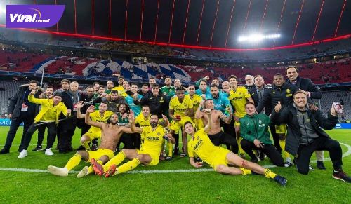Para pemain Villarreal euforia setelah tahan imbang Bayern 1-1 pada leg kedua perempatfinal di Allianz Arena, Bayern, Jerman, Rabu (13/4/2022) dini hari. Foto : ig villarreal