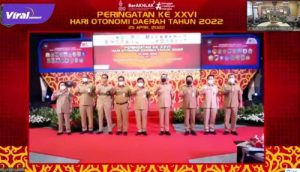 Sekretaris Daerah Kabupaten OKI, H. Husin, S. Pd, MM, M.Pd mengikuti peringatan Hari Otonomi Daerah ke 26 Tahun 2022 secara virtual yang diselenggarakan oleh Kementerian Dalam Negeri, Senin (25/4/2022). Foto : viralsumsel.com/fir