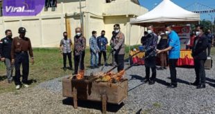 Kapolres OKI, AKBP Diliyanto SIK SH MH bersama Kepala Kejaksaan Negeri OKI, Abdi Reza Fachlewi Junus MH, Kepala BNN OKI AKBP Gendi Marzanto lakukan pemusnahan ganja, Jumat (10/6/2022). Foto : viralsumsel.com/fir