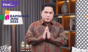 Menteri Negara BUMN Erick Thohir di hadapan peserta Rapimnas JMSI di Ruang Banda, Hotel Borobudur, Senin (1/8/2022). Foto : viralsumsel.com/ion