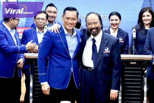 Ketua Umum Partai Nasional Demokrat, Surya Paloh bersilaturahmi dengan Ketua Umum DPP Partai Demokrat AHY di kantor DPP Partai Demokrat, Rabu (22/2/2023). Foto : ist