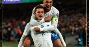 Bek kanan Timnas Prancis Benjamin Pavard sekebrasi usai cetak gol ke gawang Republik Irlandia pada laga Kualifikasi Euro 2024. Foto : iglesbleus