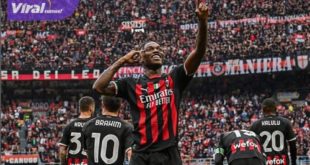 Pemain sayap kanan AC Milan Rafael Leao selebrasi usai cetak gol ke gawang Lecce pada giornata ke-31 Liga Italia 2022/2023 di Stadion Stadio Giuseppe Meazza, Minggu (23/4/2023) malam. Foto : igmilan