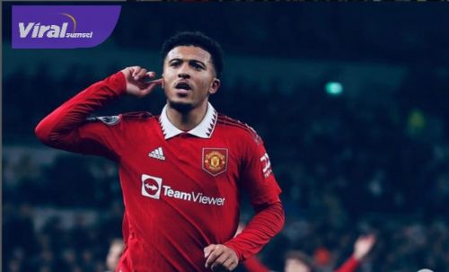 Pemain sayap Manchester United Jadon Malik Sancho selebrasi usai cetak gol ke gawang Tottenham Hotspur. Foto : igmu