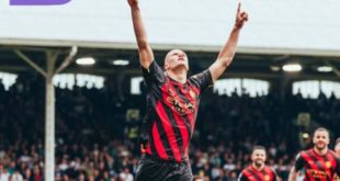 enyerang andalan Manchester City, Erling Halland selebrasi usai cetak gol ke gawang Fulham. Foto : igcity