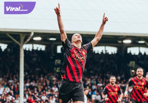 enyerang andalan Manchester City, Erling Halland selebrasi usai cetak gol ke gawang Fulham. Foto : igcity