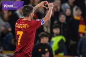 Pemain sayap kiri AS Roma, Lorenzo Pellegrini selebrasi usai cetak gol ke gawang Udinese di ajang Liga Italia. Foto : igroma