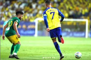 Cristiano Ronaldo penyerang sekaligus kapten Al Nassr saat berlaga melawan Al Khaleej. Foto : igalnssr