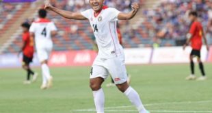 M Fajar Fathur Rahman pemain Timnas Indonesia selebrasi usai cetak gol ke gawang Timor Leste. Foto : pssi