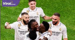 Gelandang Real Madrid Vinícius Júnior selebrasi usai mencetak gol sensasional ke gawang Manchester City. Foto : igmadrid