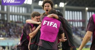 Para pemain Timnas Jerman U-17 selebrasi usai kalahkan Timnas Argentina U-17 di semifinal Piala Dunia u-17 2023 Indonesia. Foto : pssi