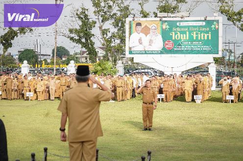 Pj Bupati Apriyadi Pimpin Langsung Apel Bersama dan Halal Bihalal Setelah Libur Lebaran. Foto : viralsumsel.com/dev