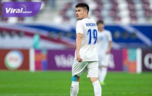 Penyerang Timnas Uzbekistan U-23 H. Norchaev selebrasi usai ciptakan gol ke gawang Arab Saudi U-23 pada menit 45'+2. Foto : afc