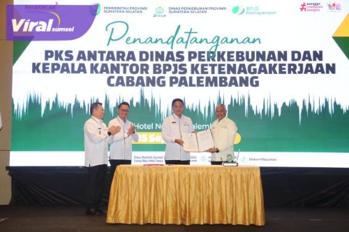 Pj Gubernur Elen Setiadi - Kepala Kantor BPJS Ketenagakerjaan Wilayah Sumbagsel  Teken MoU Lindungi Pekerja Pekebun Sawit Sumsel . Foto : viralsumsel.com /win