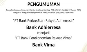 Perubahan Nama dan Logo PT Bank Perkreditan Rakyat Adhierresa menjadi PT Bank Perekonomian Rakyat Vima. Foto: viralsumsel.com