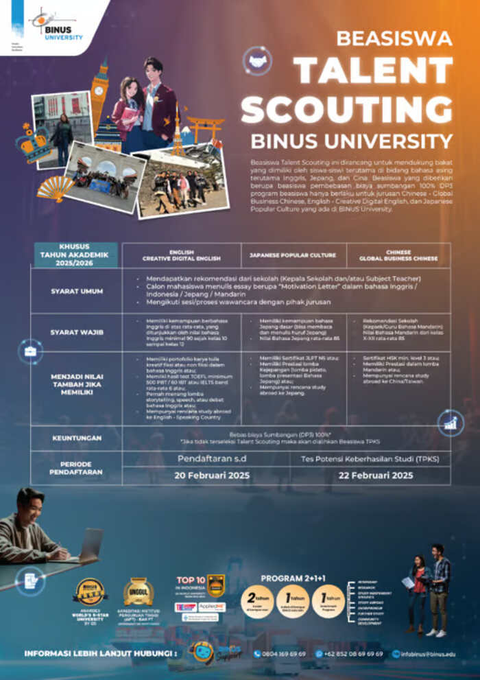 BINUS UNIVERSITY Buka Beasiswa Faculty of Humanities melalui Talent Scouting. Foto: viralsumsel.com