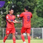 Rizsky Dwi Ramadhana penyerang Bhayangkara Sriwijaya FC Palembang selebrasi usai cetak gol ke gawang David FC. Foto : viralsumsel.com /asa