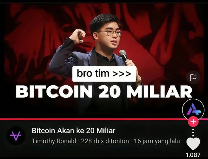 Timothy Ronald Memprediksi Bitcoin Akan Ke 20 Miliar. Foto: viralsumsel.com Timothy Ronald Memprediksi Bitcoin Akan Ke 20 Miliar. Foto: viralsumsel.com