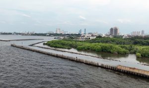 Progres Proyek Pembangunan Tanggul Pengaman Pantai NCICD Paket 2. Foto : viralsumsel.com
