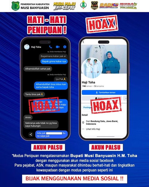 WASPADA PENIPUAN! Akun Facebook An “Haji Toha” Gunakan Foto Bupati Muba, Dipastikan Palsu Alias Akun HOAX. Foto : viralsumsel.com /dev