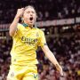 Selebrasi gelandang veteran AC Milan, Luka Modric usai cetak gol ke gawang Bologna dengan skor tipis 1-0 di Stadion San Siro, Senin (15/9) dini hari WIB